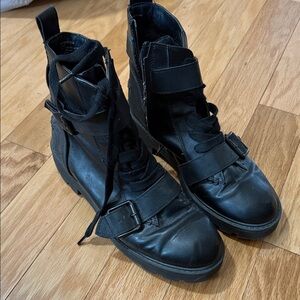 Women’s Black Moto Leather Chunky Combat Boots with buckles